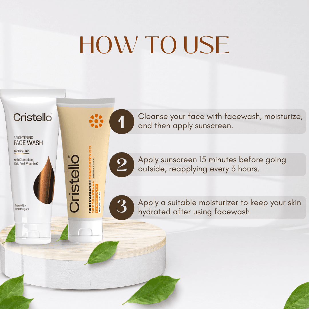 Cristello Brightening Facewash + Skin Radiance Sunscreen Gel for Oily Skin (70g +50g)
